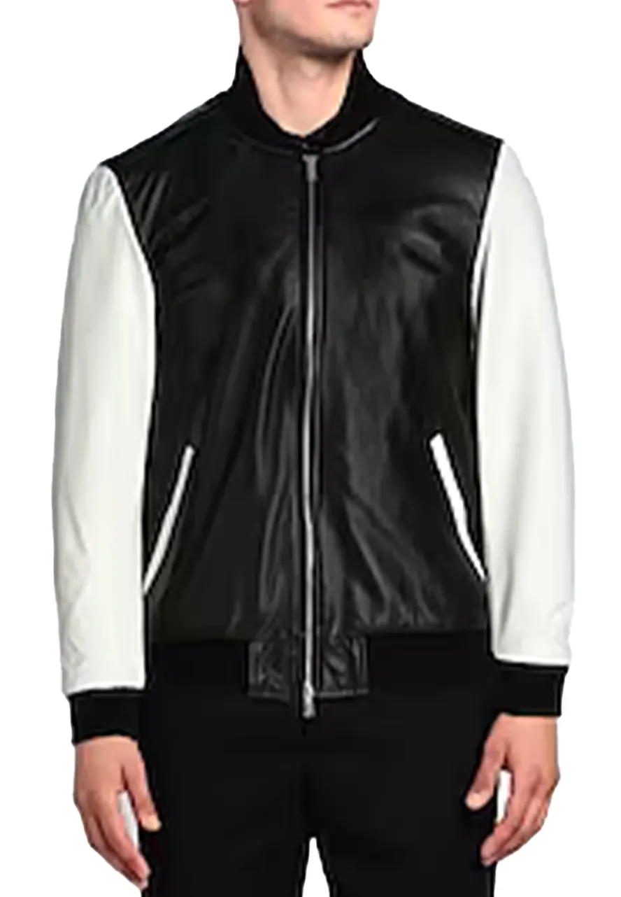 Men’s Black and White Bomber Faux Leather Jacket