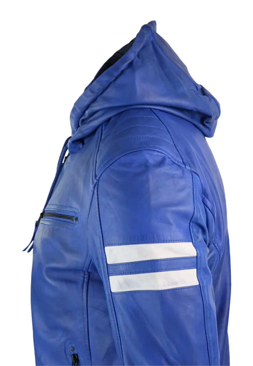 Men's Vintage Blue Hooded Faux Leather Bomber Jacket