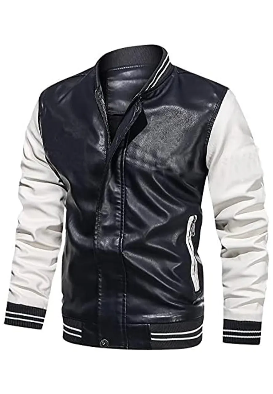 Men’s Black and White Faux Leather Varsity Jacket