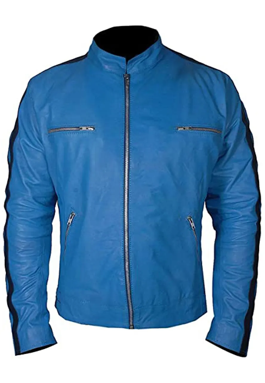 Men’s Black Stripe Blue Faux Leather Motorcycle Jacket