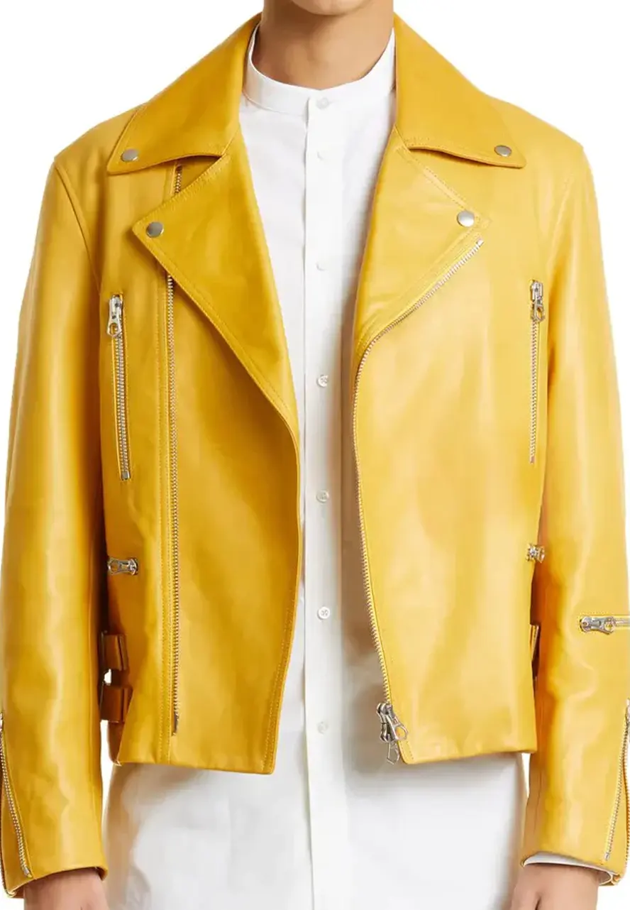 Men’s Notched Collar Yellow Faux Leather Biker Jacket