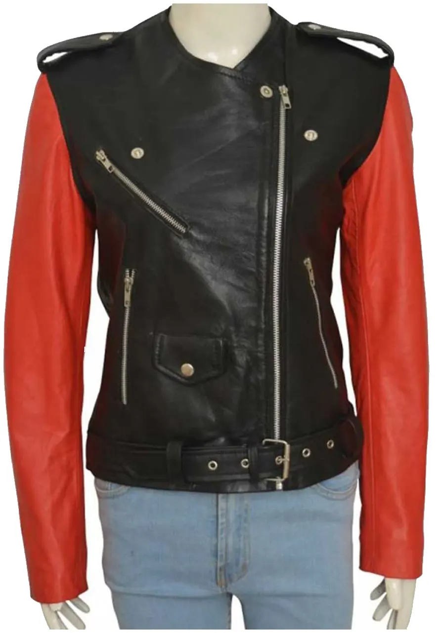 Women’s Collarless Black Faux Leather Jacket With Red Sleeves
